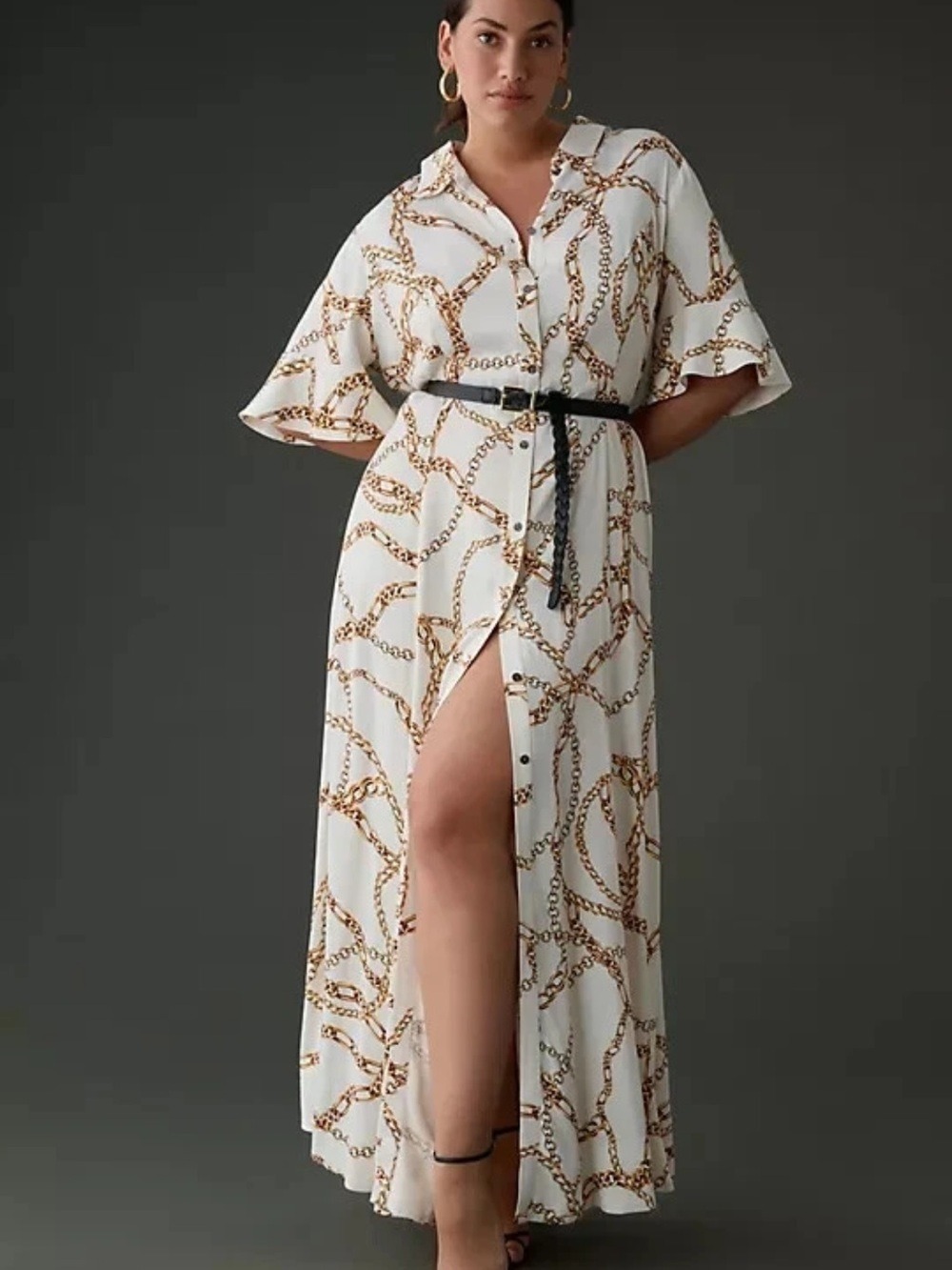 Maeve Anthropologie White Gold Chain Print Maxi Shirt Dress 2X Old Money Boho - Picture 5 of 17